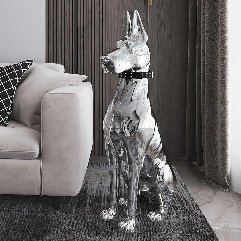 Modern Fashion Interior Resin Animal Sculpture Home Villa Corner Proch Electroplated Silver Doberman Dog Statue
