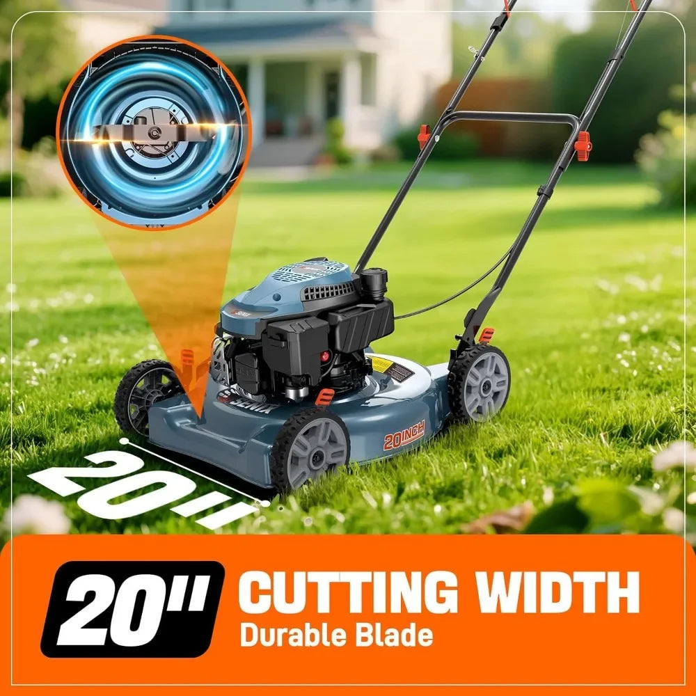 144 cc Gas Lawn Mower, 20 inch 4-Cycle Push Mower, Side Discharge, 5 Position Cutting Height Adjustment, Low Noise & Fuel-Effic