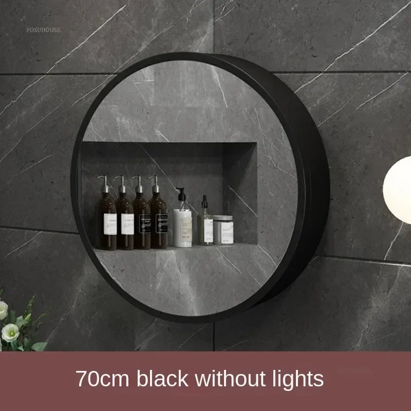 Nordic LED Smart Bathroom Mirror Cabinets Solid Wood Oval Bathroom Wall Hanging Round Vanity Mirrors with Storage Shelf b