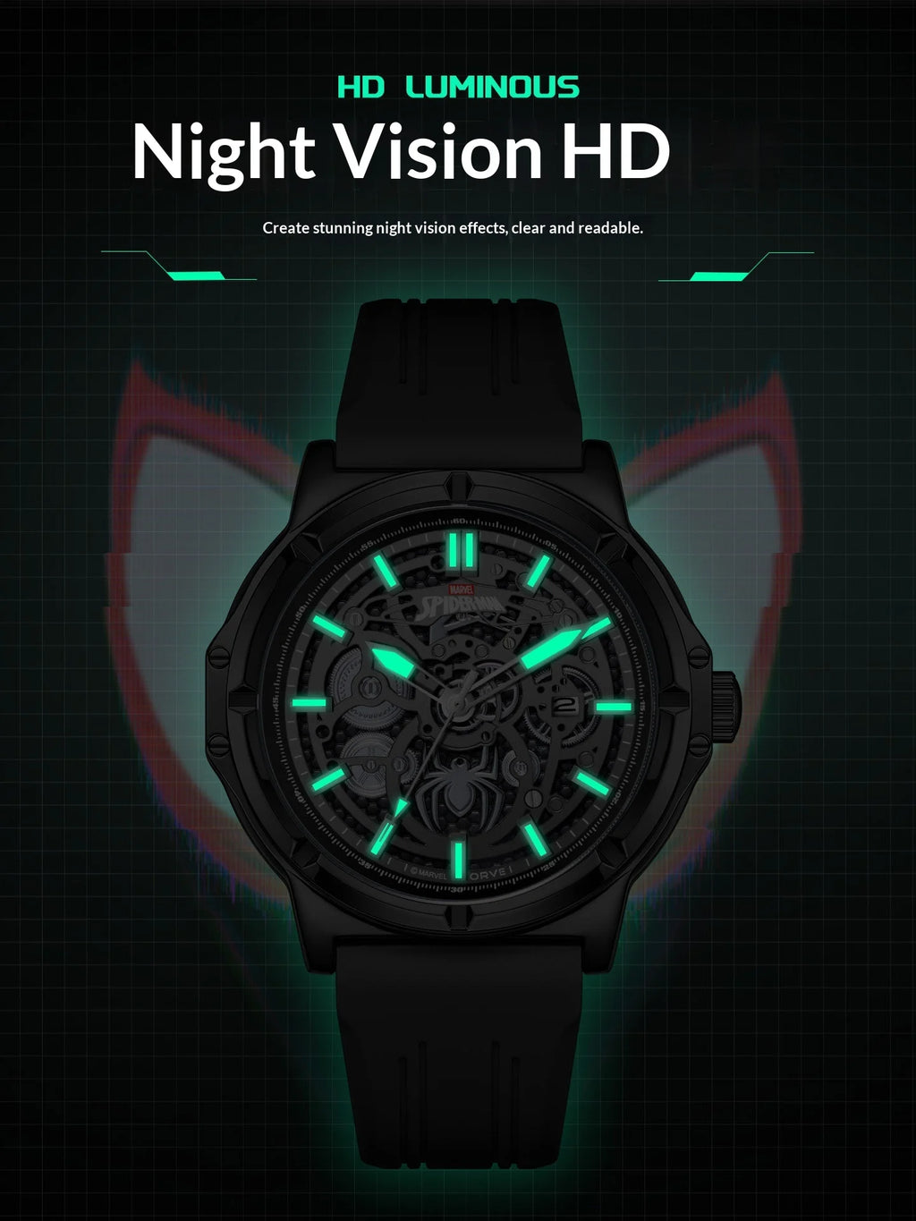 MARVEL Spider-Man Men's Skeleton Automatic Mechanical Watch Silicone Strap Gift for Teenagers Students 18th Birthday