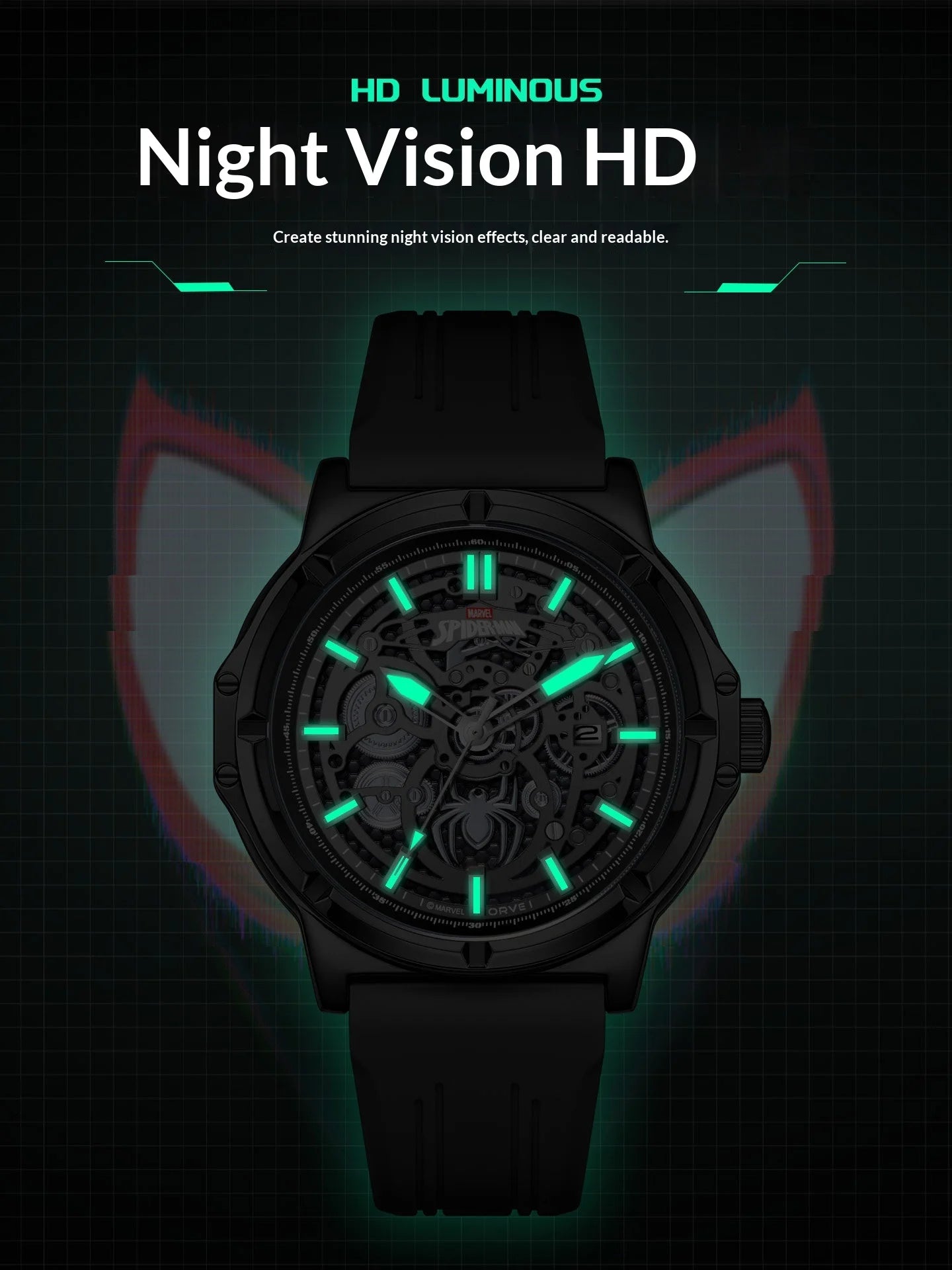 MARVEL Spider-Man Men's Skeleton Automatic Mechanical Watch Silicone Strap Gift for Teenagers Students 18th Birthday