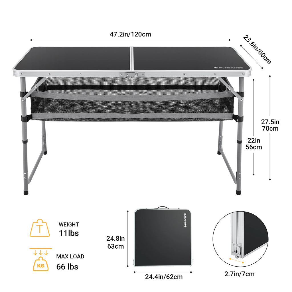 FUNDANGO Camping table, outdoor indoor beach barbecue, picnic, travel, height adjustable, with layered mesh storage