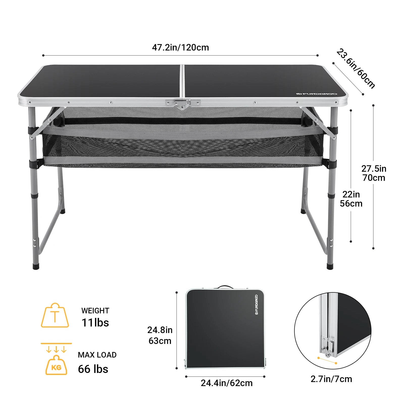 FUNDANGO Camping table, outdoor indoor beach barbecue, picnic, travel, height adjustable, with layered mesh storage