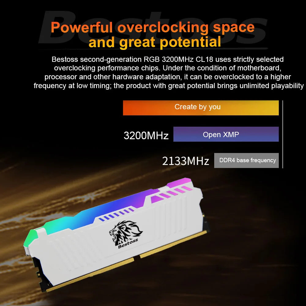 Bestoss Memory Ram ddr4 8GB16GB 32GB XMP 2.0 3200mhz 288pin 1.2V U-DIMM RGB Memoria for Diy Gaming Computer