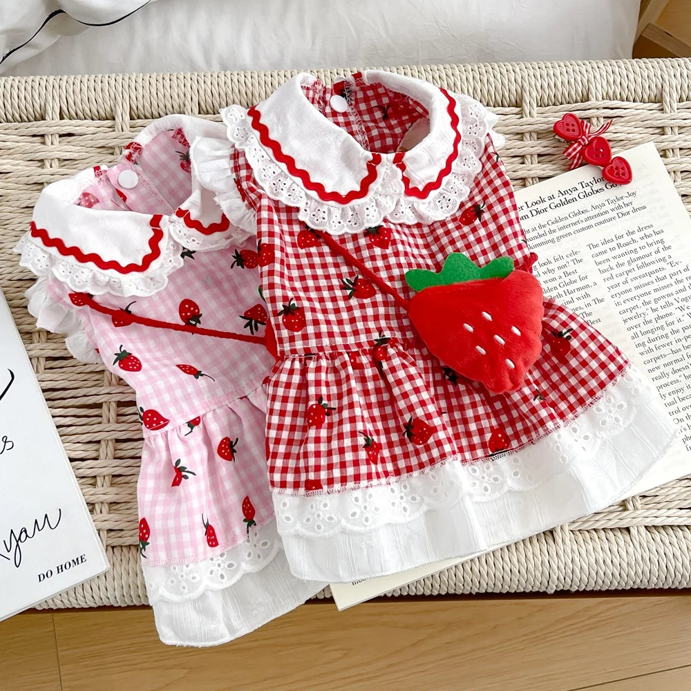 Erdbeerkleid für Hunde, Sommer, Frühling, niedlich, kariert, für Frauen, Mädchen, Welpen, Haustier, Katze, Kleidung, Kleidung, Yorkie, Chihuahua, kleine und mittelgroße Möpse
