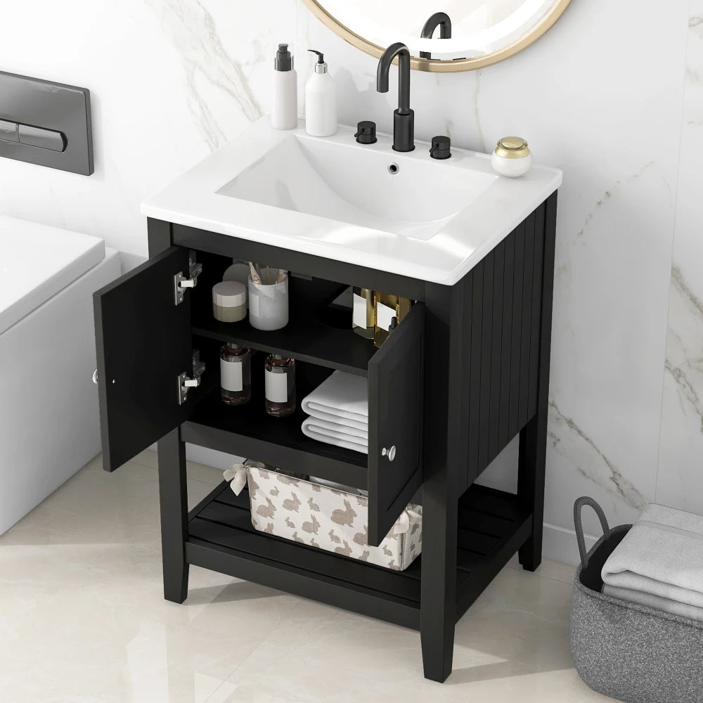 24" Black Modern Sleek Bathroom Vanity Elegant Ceramic Sink with Solid Wood Frame Open Style Shelf