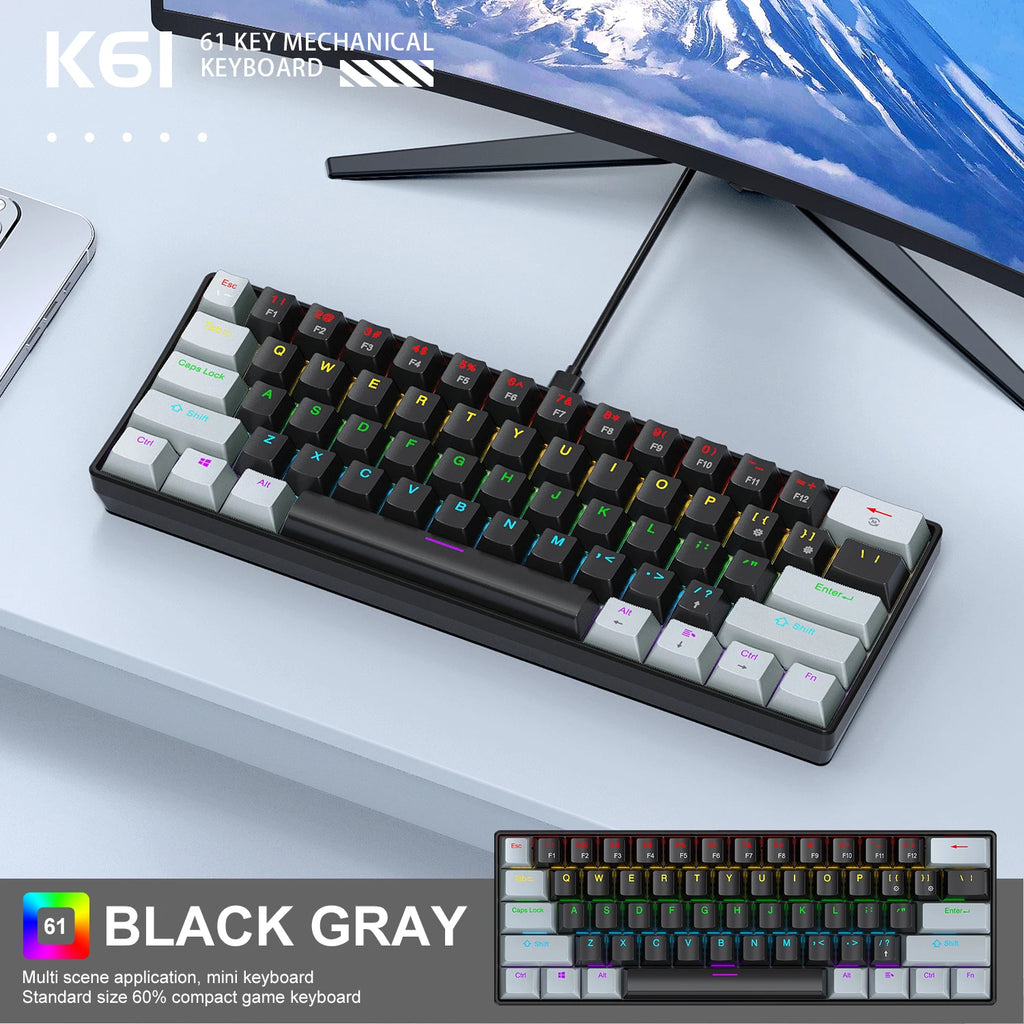 61 Tasten Mechanische Tastatur Kabelgebunden, APAYADO K61 RGB 60% Tragbare Mini-Tastatur Schwarz, Weiß, Rot/Blau Schalter für Gaming