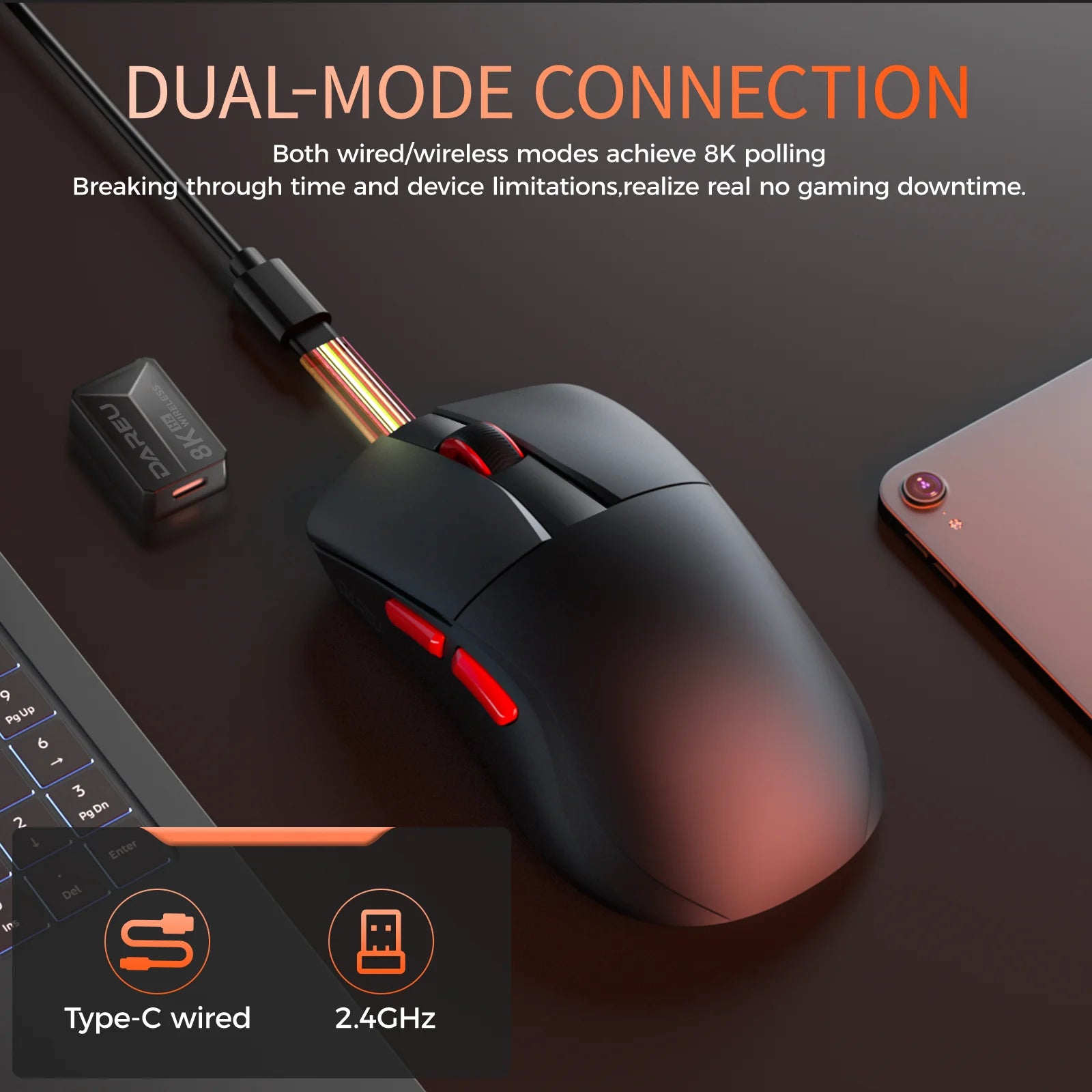 DAREU Dual-mode Gaming Mouse 8Khz 2.4G Wireless Wired 35g Lightweight 30000 DPI AIM-750 Sensor Macro Gamer Mouse