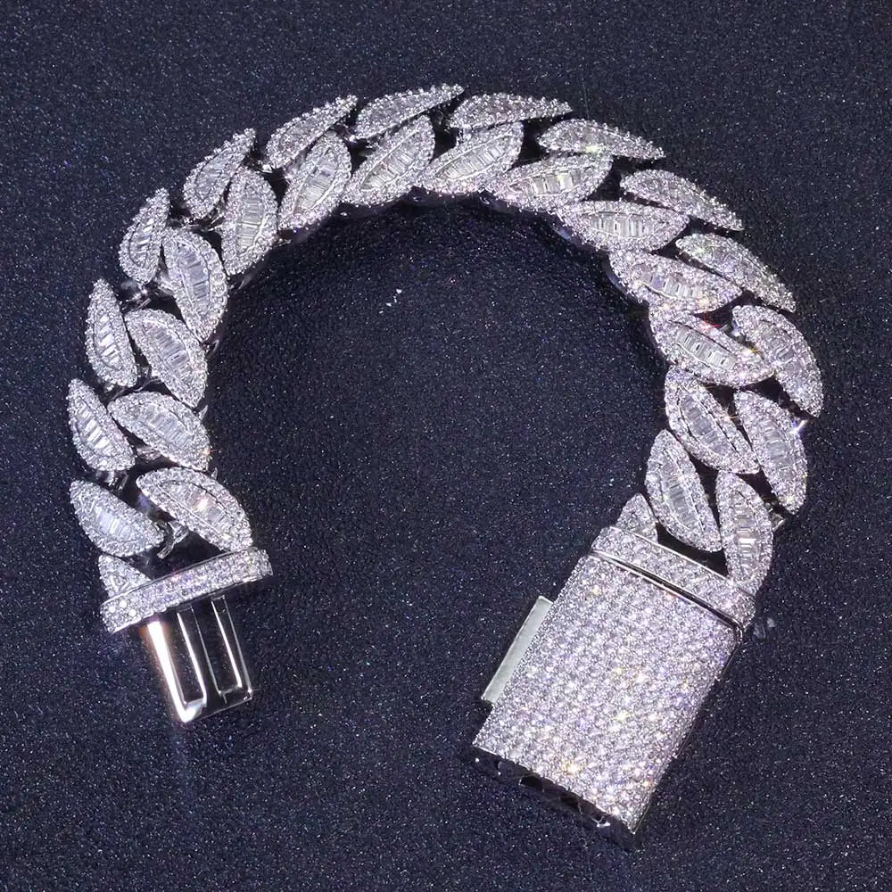 20MM 3 Rows Fashion Iced Cuban Bracelet Moon Shape Baguette Diamond Bracelets Men Women 18k Gold Plated Jewelry