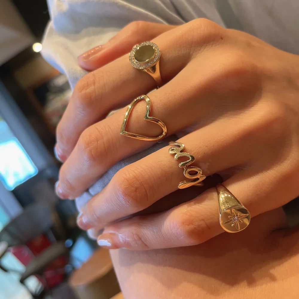 UBESTNICE Ins Popular Real 18K Solid Yellow Gold Jewelry AU750 Natural Diamond Seal Rings for Unisex Lovers Custom Letterring