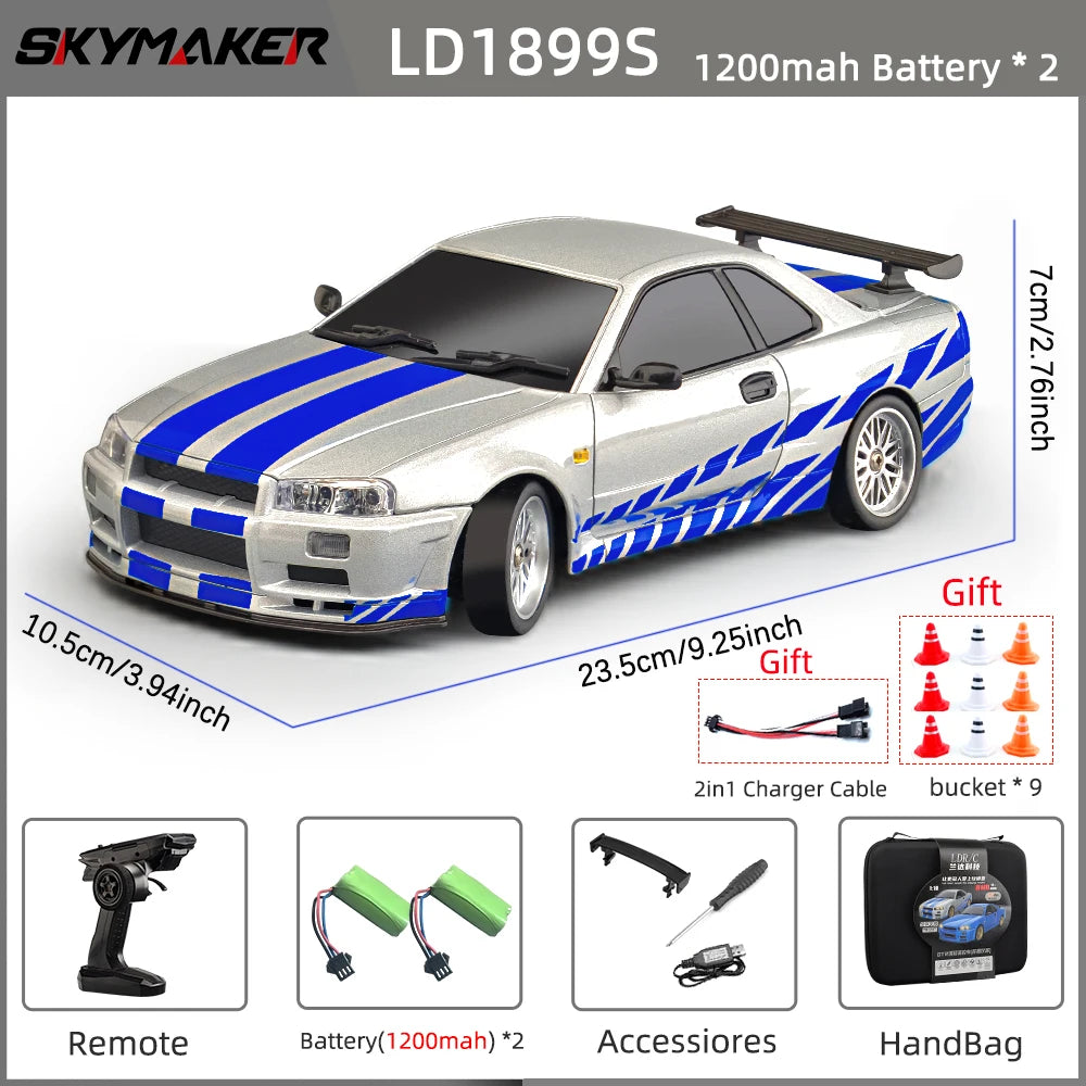 Skymaker LDRC 1/18 RC Drift Car LD1899 GTR-Modus R34 2,4 GHz RWD mit Gyroskop On-Road-Legierung Karosserie Rennwagen für Jungen Geschenke