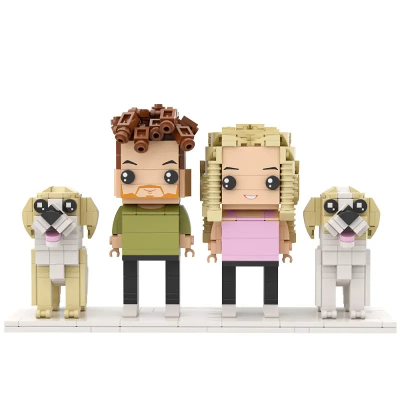 Building Blocks Customizable 2-Person Character Set with 2 Dogs Photo Granules Figures - Personalized My Custom Brickfigures