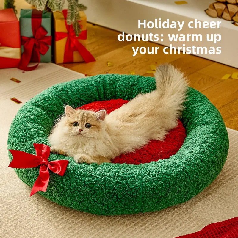 1pcs Christmas Cat Bed with Lamb Wool Thermal Semi-Enclosed Pet House for Cats Dogs Cozy Snooze Bed Winter Warm