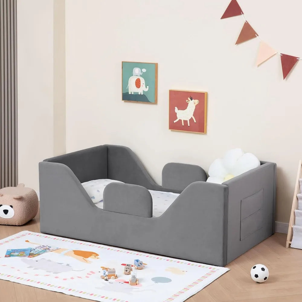 Children's Removable Rail Floor Bed with Storage, Standard Crib Size, Safety Upholstered, Suitable for Boys and Girls