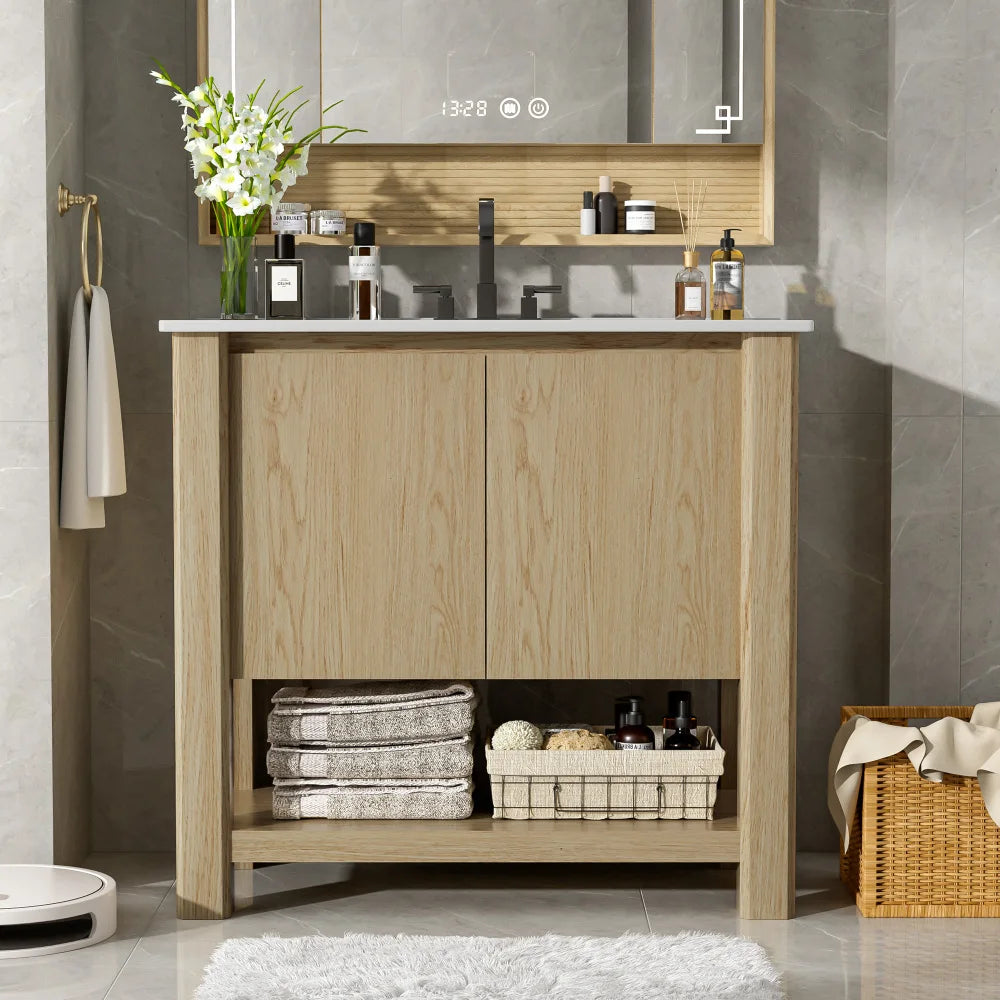 36" Modern Bathroom Vanity with Rectangle Ceramic Sink, Bathroom Cabinet with Large storage space and 45 Degrees Free-Handle