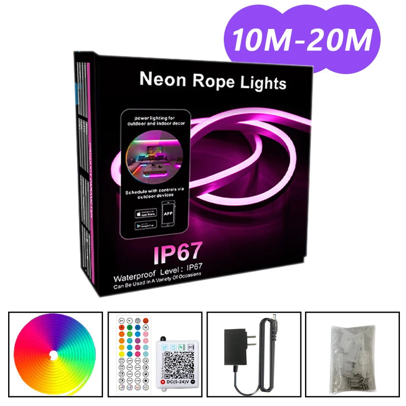 DC24V RGB LED Neon Rope Lights Color Change Music Sync App Control 10M 20M 30M Waterproof Flexible Lamp for Home Decor