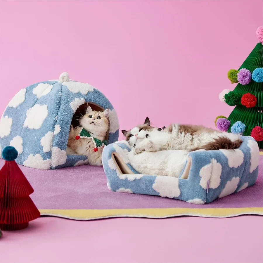 2 in 1 Cozy Cat Cave Bed for Indoor Kittens and Small Pets with Removable Washable Cushioned Pillow NonSlip Bottom Design Blue