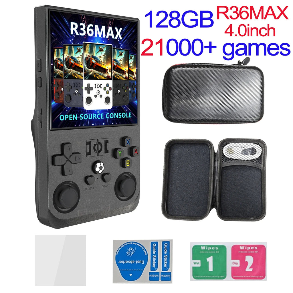 R36MAX Игрална конзола 64GB 128GB 18000+ ИГРИ Linux система 4.0-инчов K36 срещу R36S 3.5-инчов джобен видео плейър. Не е необходимо изтегляне.