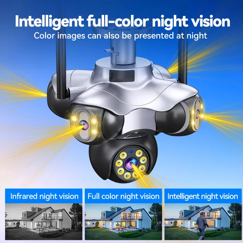 AIOOK Outdoor Security Camera HD 25MP WIFI IP Camera 5 Lens 5 Screen 5 PTZ Motion Tracking 2 Way Intercom Color Night Vision
