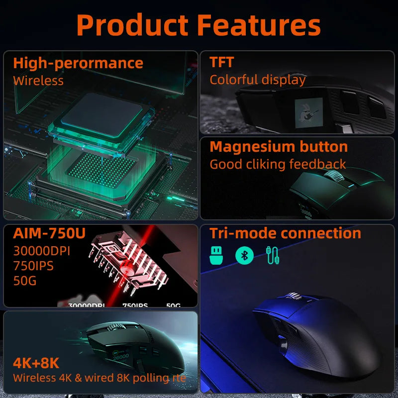 Dareu A980ProMax 8Khz Wireless Wired Mouse Tri-Mode AIM-750 30000 DPI Rechargeable TFT Display for PC Laptop Gamer
