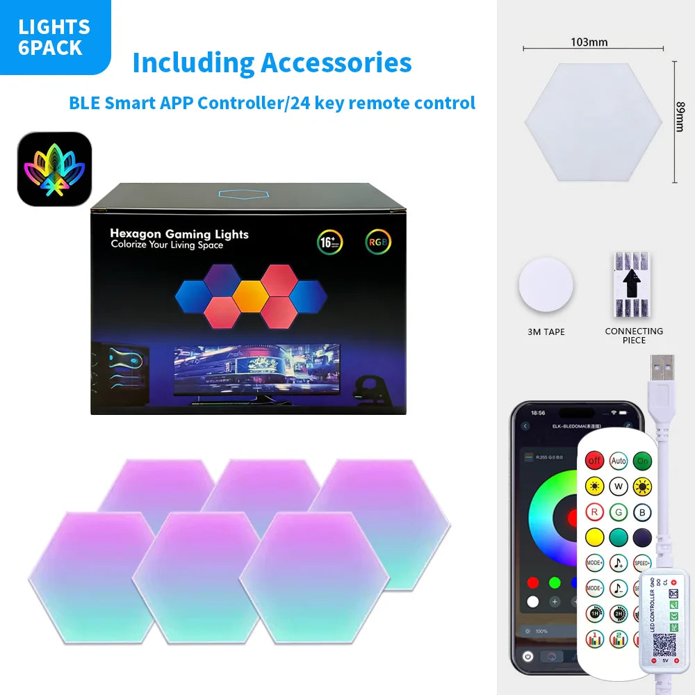 Exagon Smart RGB Hexagon Wall Light USB Powered Color Changing DIY Mode Music Sync APP Control Modular DIM LED ON for Game Room