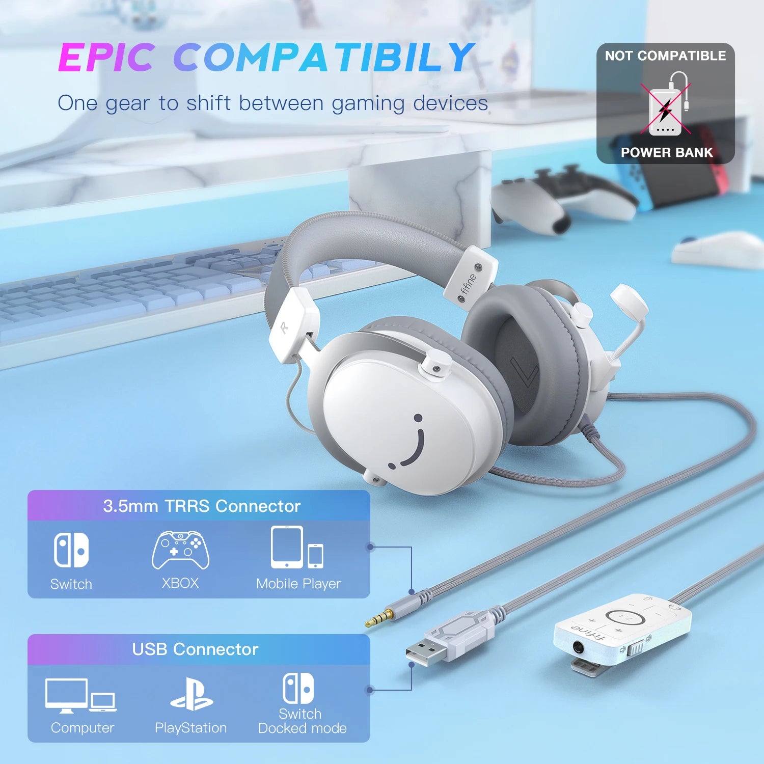 FIFINE USB-Gaming-Headset mit 7.1 Surround Sound/3,5-mm-Klinkenstecker/Mikrofon, Over-Ear-Kopfhörer mit Kabel für PC PS4/5 Xbox Ampligame H9W