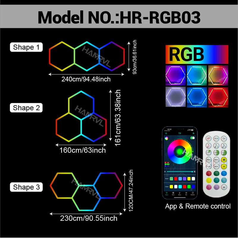 RGB Hexagon LED Lighting Colorful Change Dimming Deco Light for Car Garage Gym Party Club Stage Gaming Sound pickup Wall Ceiling