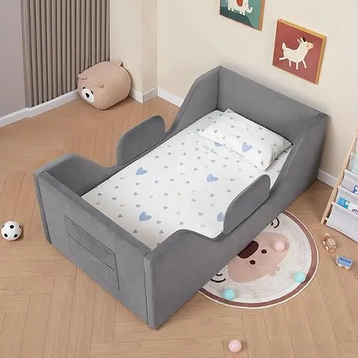 Children's Removable Rail Floor Bed with Storage, Standard Crib Size, Safety Upholstered, Suitable for Boys and Girls