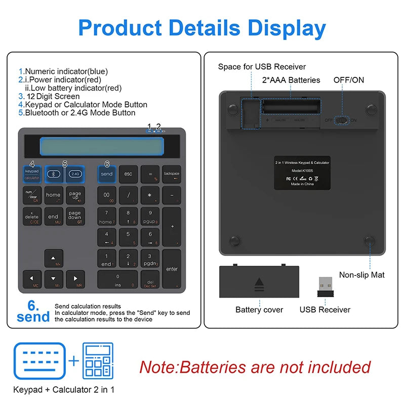 2.4G Wireless Bluetooth Numeric Keyboard with Screen Display Calculator 2 in1 Portable Wireless Number Keypad for Win/Mac