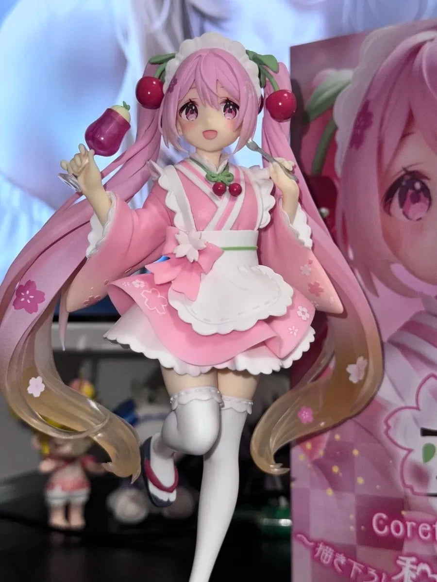 New 19cm Anime Hatsune Miku sakura Maid costume Standing posture Action Figure PCV Model statue Desktop ornament doll toy Gifts