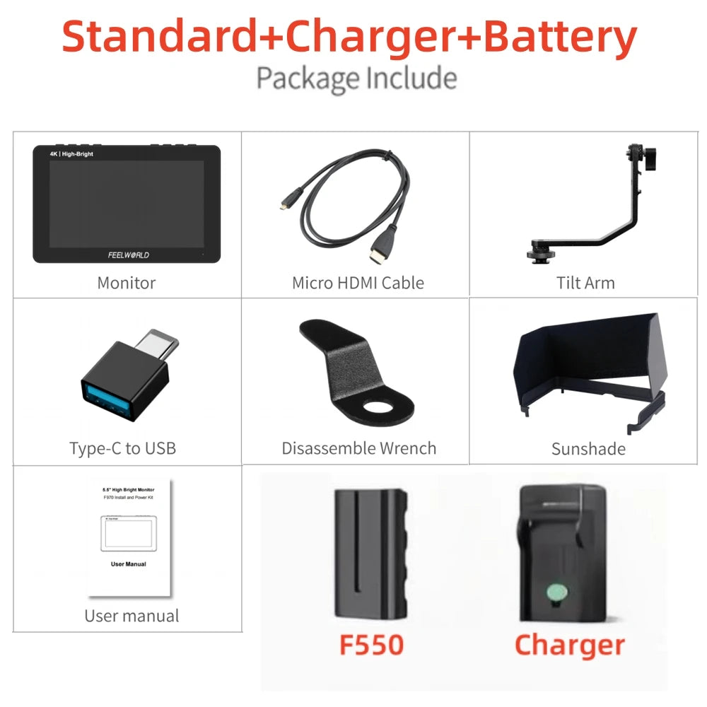 FEELWORLD F5 PROX 5,5 Zoll 1600nit High Bright Touchscreen DSLR-Kamera-Feldmonitor 4K HDMI F970 Installations- und Stromversorgungskit