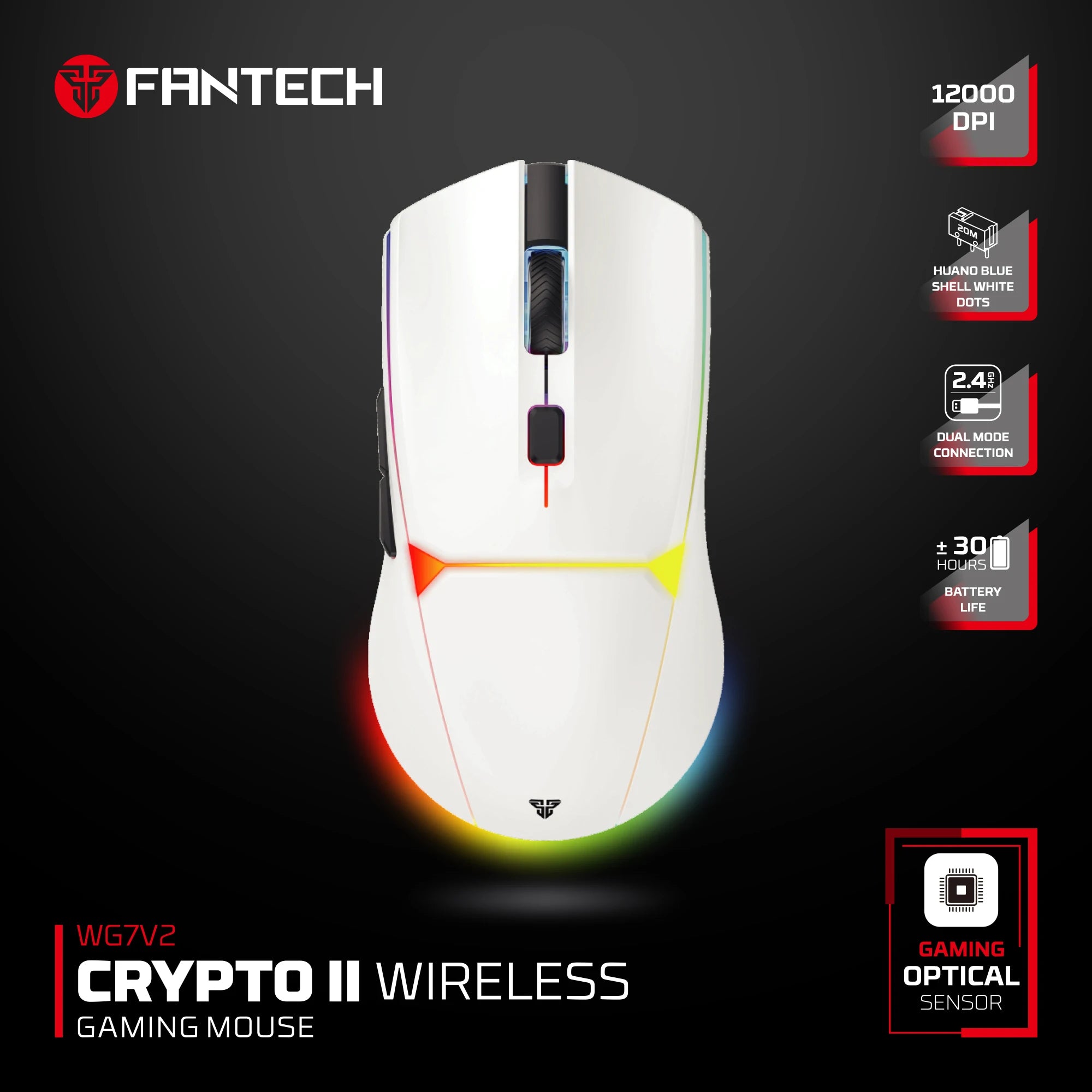 FANTECH CRYPOT II WG7v2 Kabellose Gaming-Maus und kabelgebundene Maus 12000DPI ARPG Anti-Schweiß-Beschichtung Makro-Mikrofon für CSGO LOL