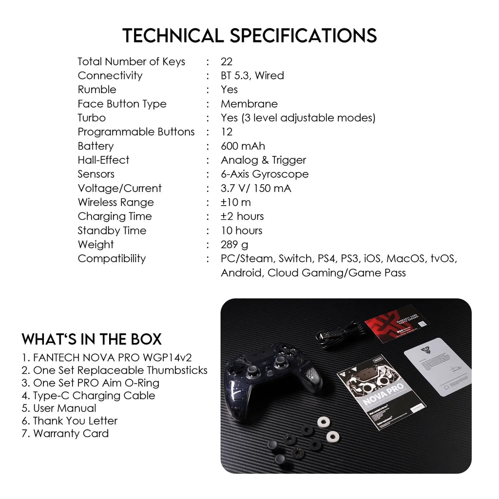 FANTECH NOVA PRO WGP14V2 Wireless Gamepad Anti-Drift Hall Effect Sticks and Force-switchable Tirgger Wired Controller for PS4