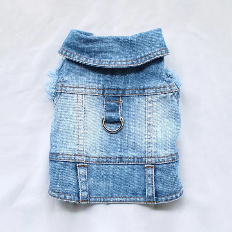 Blue Jeans Dog Denim Harness Jacket Puppy Vest Jacket Casual Clothes Costume Pet Apparel for Small Medium Dogs Back D-ring