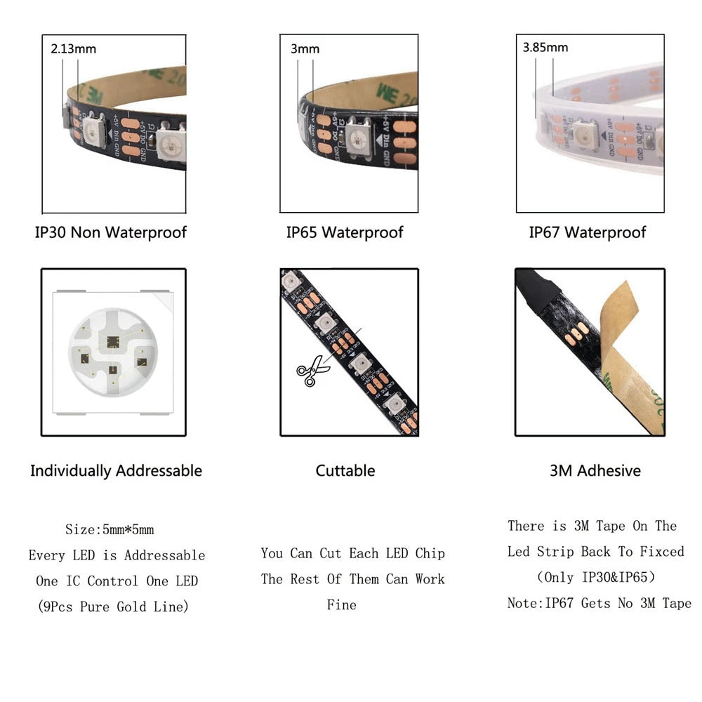 WS2812B Led Strip With SP110E USB Bluetooth Controller WS2812 30/60/144 Pixels/m RGB Individually Addressable LED Light Kit DC5V