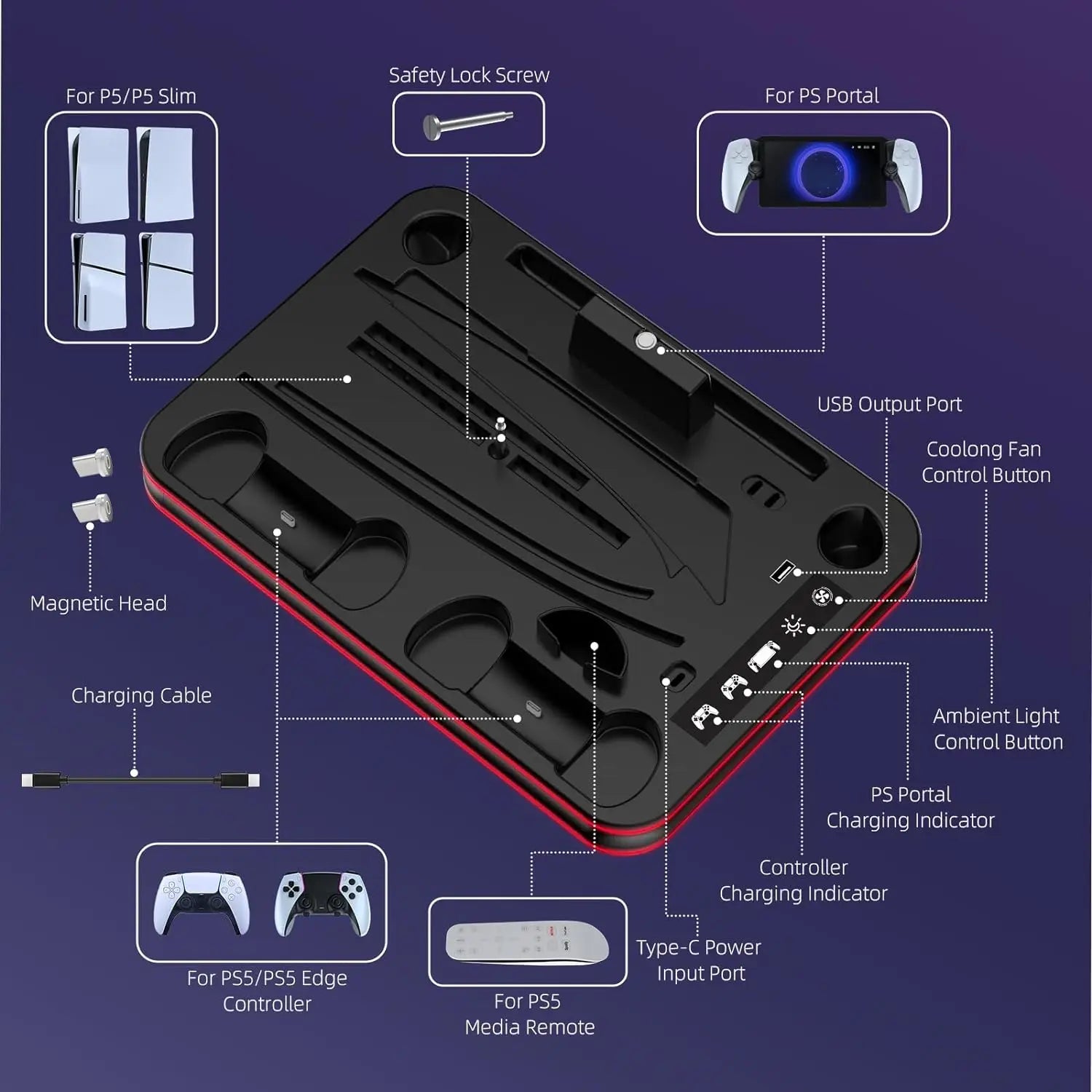 Charging Dock for PS 5 PortalPS5 Controller Charger Base and PS5/PS5 Slim Stand with Cooling Station for PS5 Console 2 Edition