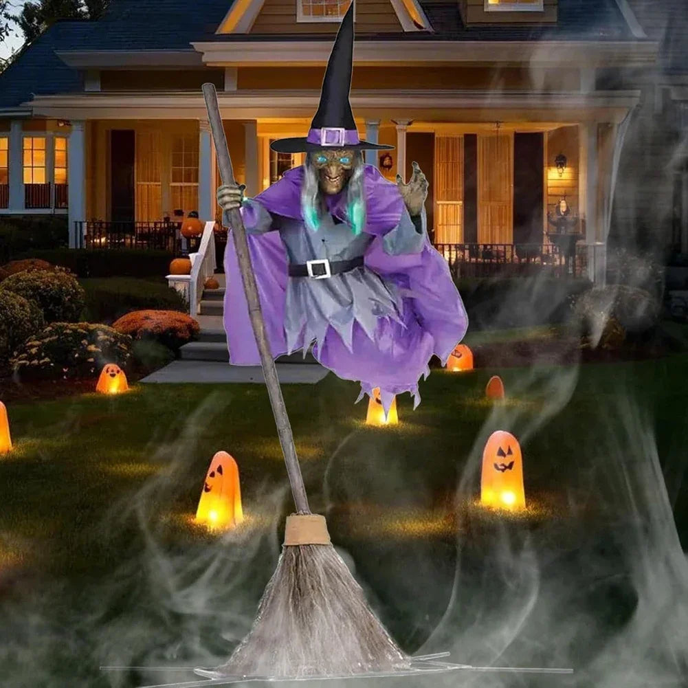 Flying Witch Decoration with Terrifying Sounds & Lights Halloween Props Halloween Flying Witch Decor for Garden Yard Lawn Indoor
