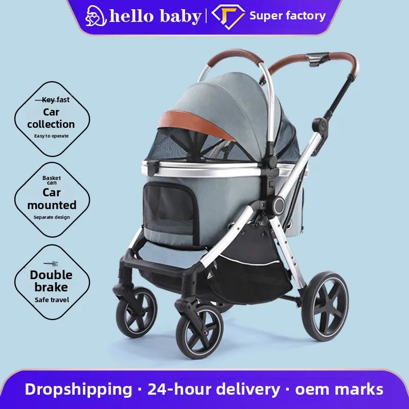 Wholesale Foldable Luxury Fabric Pet Stroller Large Space for Cats and Dogs for Out-Going Puppies Cross-Border Product