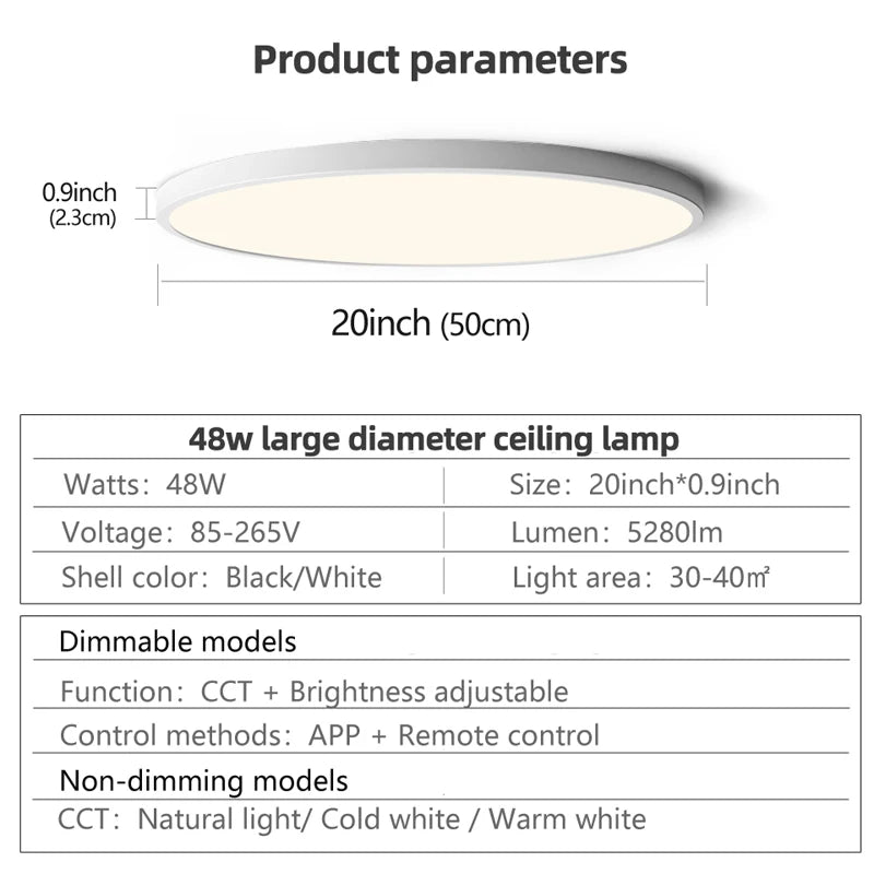 50CM Large Ceiling lamp Smart APP/ Remote Control Dimmable for Bedroom 48W Ceiling Lights AC 110/220V led lights for Living room
