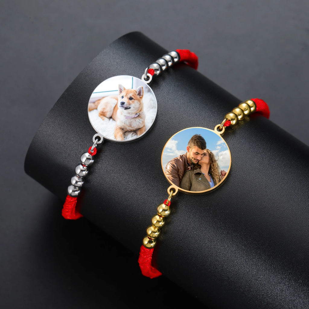 Lemegeton Personalisiertes Fotoarmband mit rotem und schwarzem Seil, runder Anhänger, Edelstahlschmuck für Damen und Herren, personalisierte Trendgeschenke