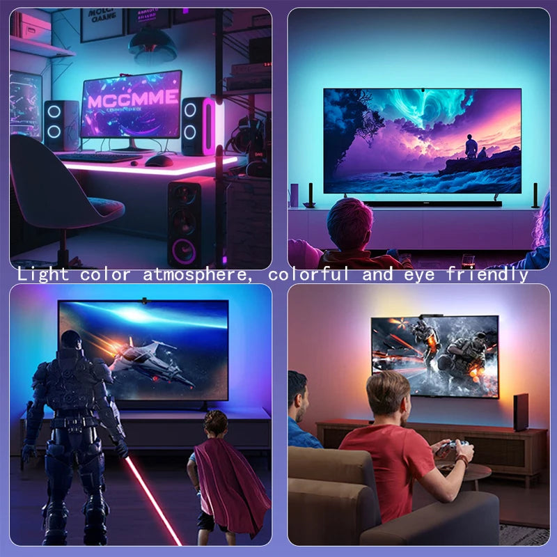 LED подсветка за компютър/телевизор RGBIC LED лента със сензор за избор на цвят, управление чрез приложение, синхронизиране на музика, интелигентна лампа за гейминг атмосфера.
