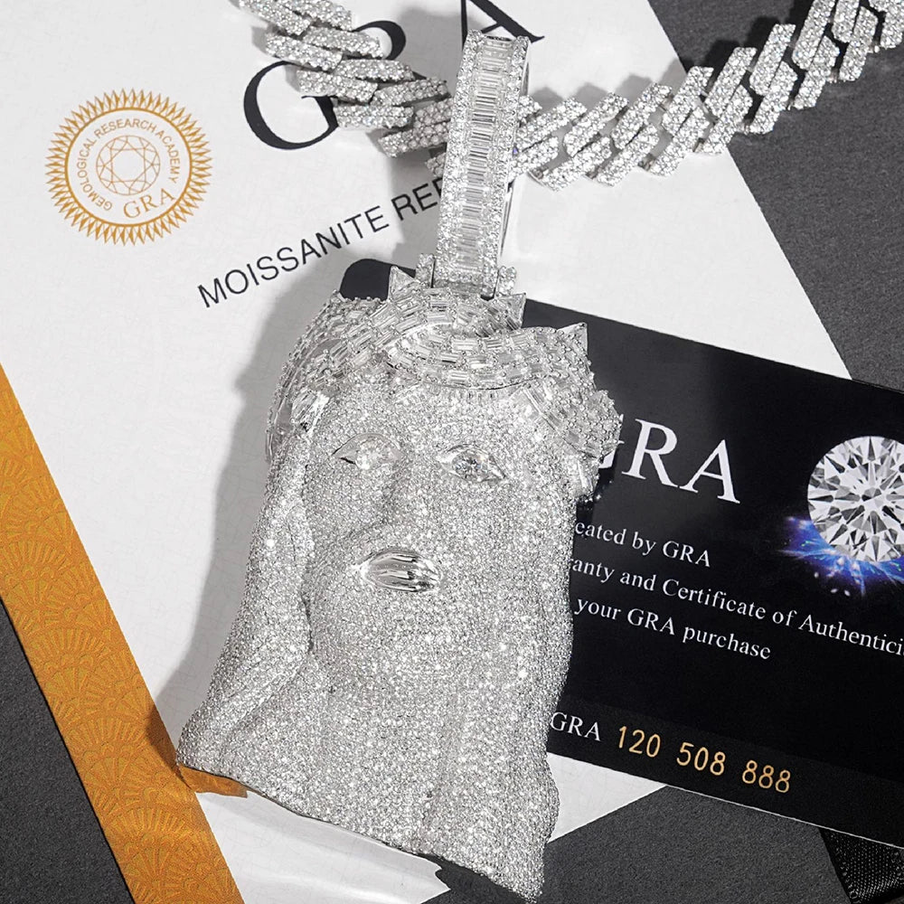 Висулка Moissminer Baguettes с глава на Исус VVS Moissanite S925 Сребърни колиета Iced Out за мъже и жени Хип-хоп бижута Pass Tester GRA
