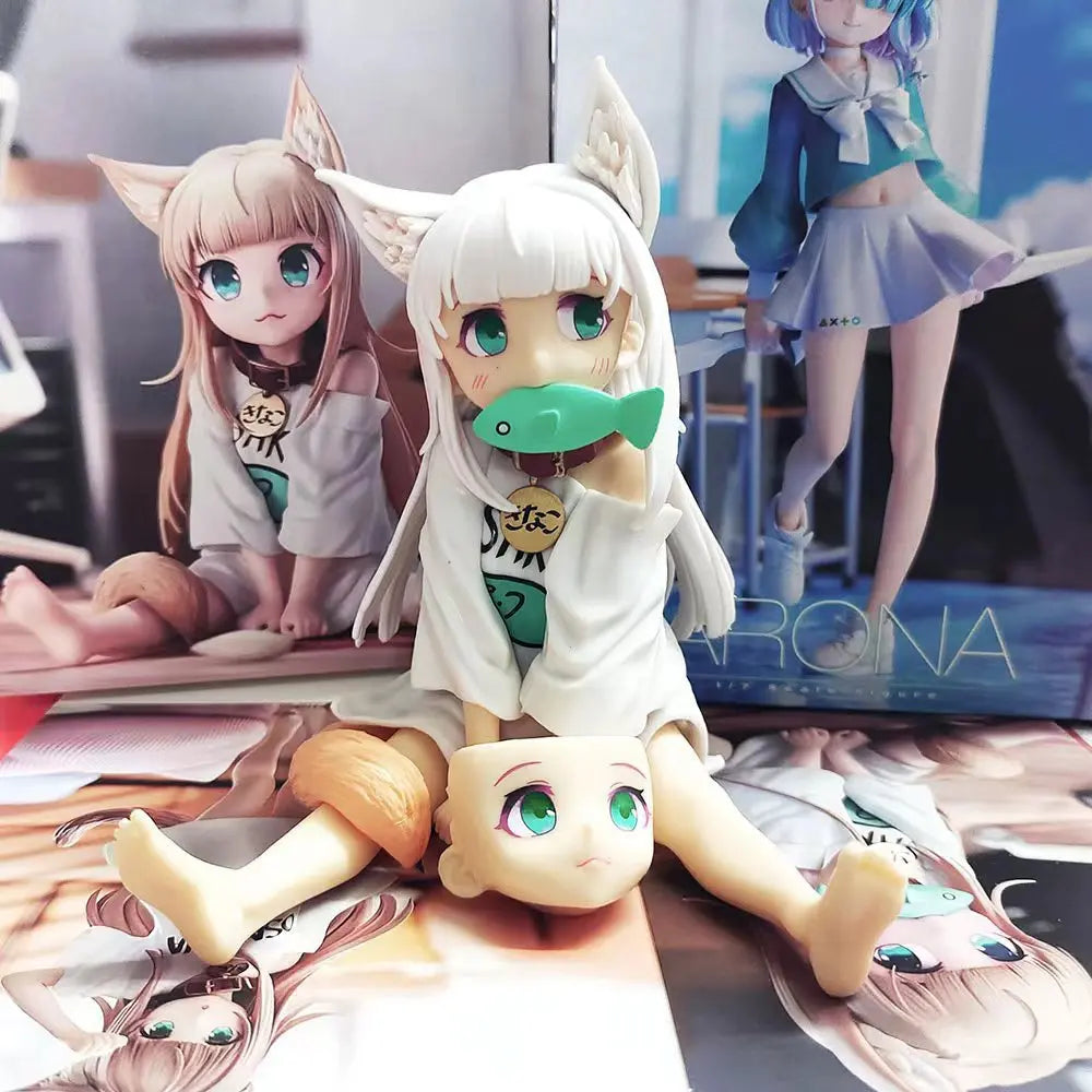 Cartoon Catgirl Sitting Eating Fish Soybean Powder Sitting Posture Can Change Face Beautiful Girl Figurine Model Toy Gift