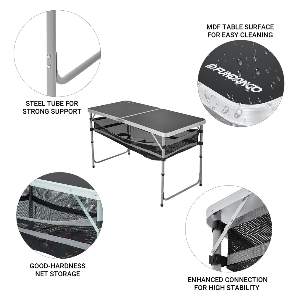 FUNDANGO Camping table, outdoor indoor beach barbecue, picnic, travel, height adjustable, with layered mesh storage