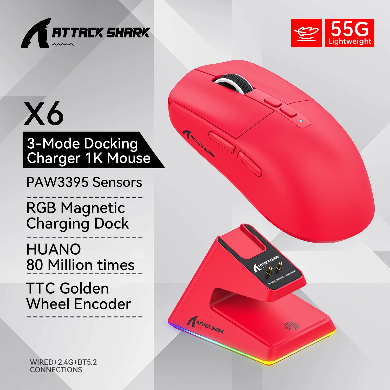 Attack Shark X6 Bluetooth Mouse , PixArt PAW3395, Tri-Mode Connection, RGB Touch Magnetic Charging Base, Macro Gaming Mouse