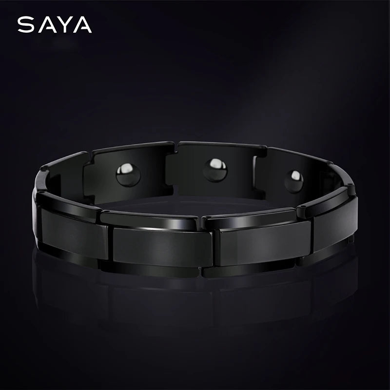 12mm Width Black PlatingTungsten Carbide Bracelet for Men Jewelry Matte Finished Inlay Magnetic Stone, Customized