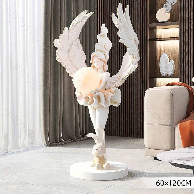 Elegant AngelGirl with Lighting Floor Sculpture Living Room Stylish Statue Angel Standing Ornaments Home Interior Decor Figurine