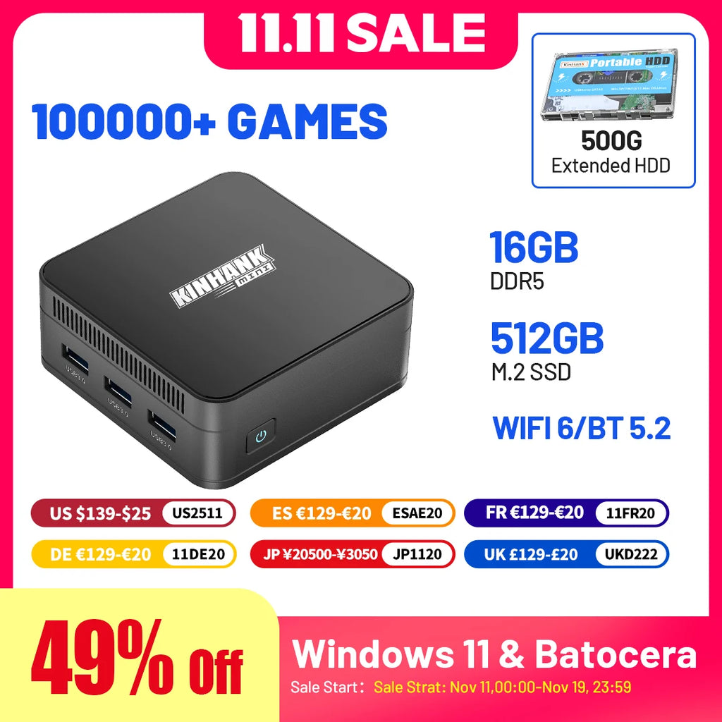 Super Console KP100 Mini PC Intel N100 16GB DDR5 & 512G SSD Batocera 100000+ Retro Games For PS3/PS2/PS1/PSP/Gamecube/WII/DC/SS