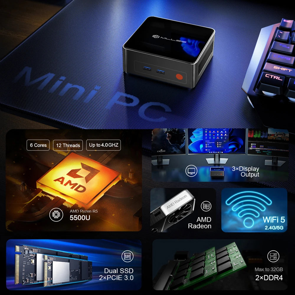 MLLSE G1 Mini PC Windows 11 Pro AMD R5 5500U DDR4 16GB RAM 512 8GB ROM WiFi 5 BT5.2 Desktop Computer Mini Pc Work