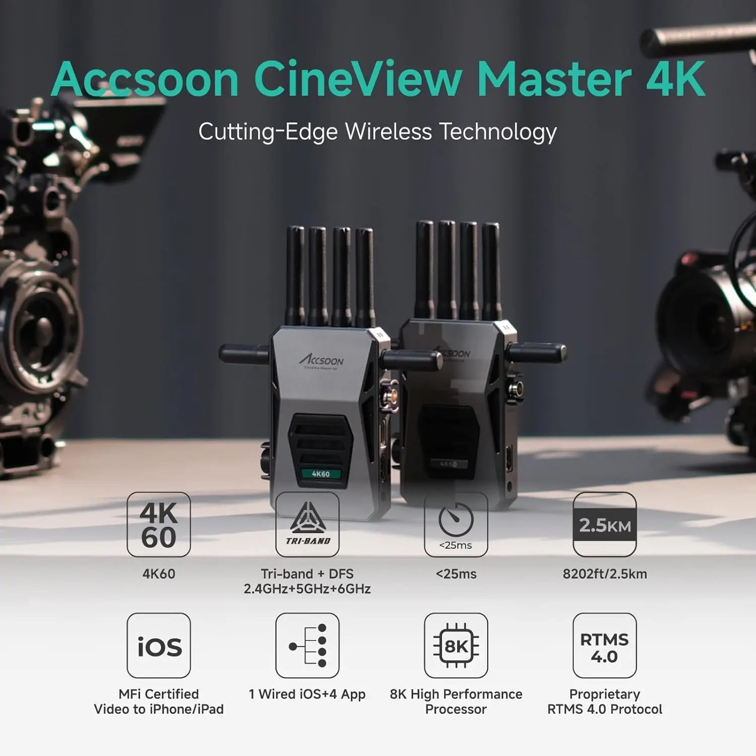ACCSOON CineView Master 4K Drahtlose Videoübertragung 4K 6G/5G/2,4 GHz 8200ft Reichweite Vollfarb-LCD 25ms Klassenlatenz